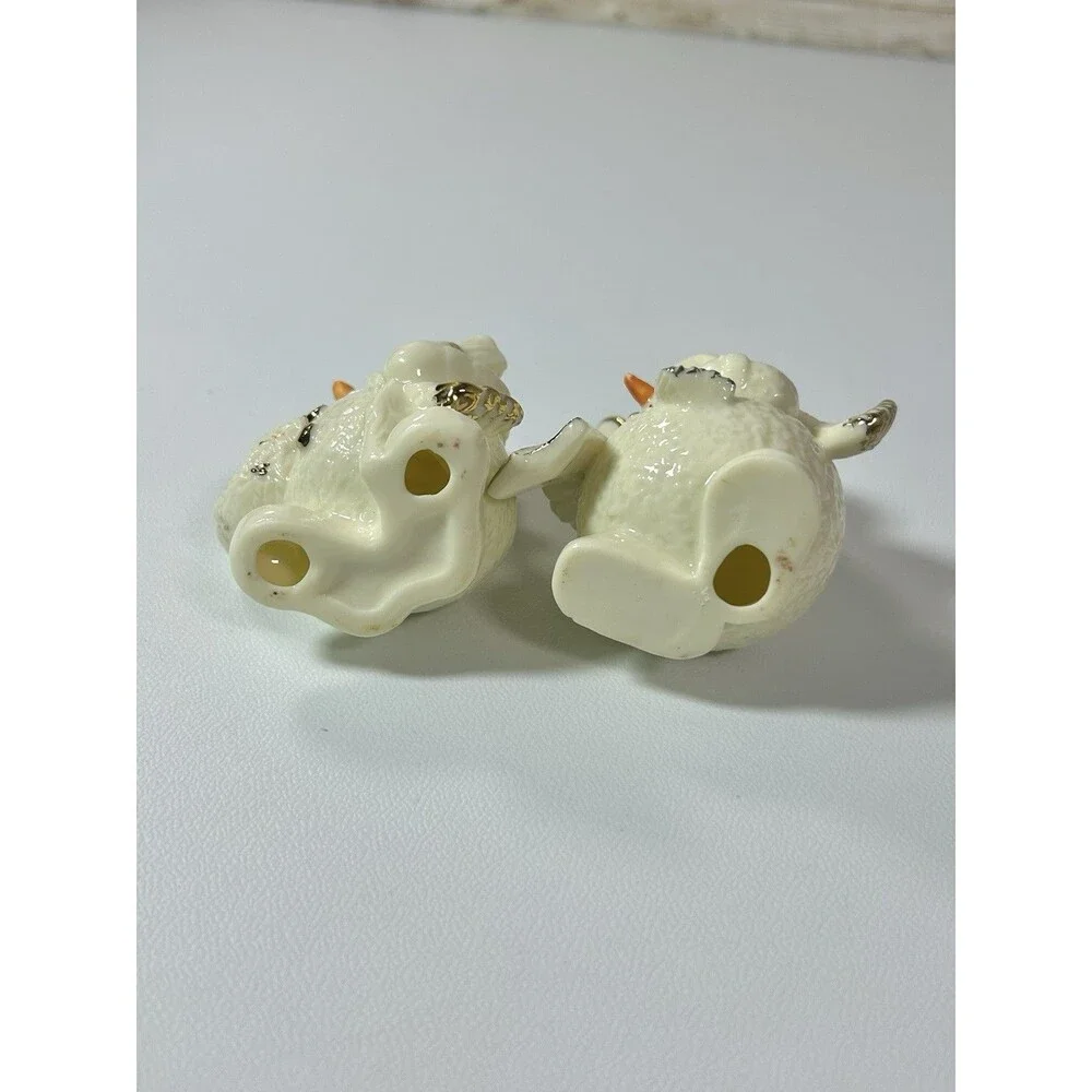 Vtg Porcelain Jade Snowman Ornaments Set Of 2 Ski Broom White Gold Color Accent